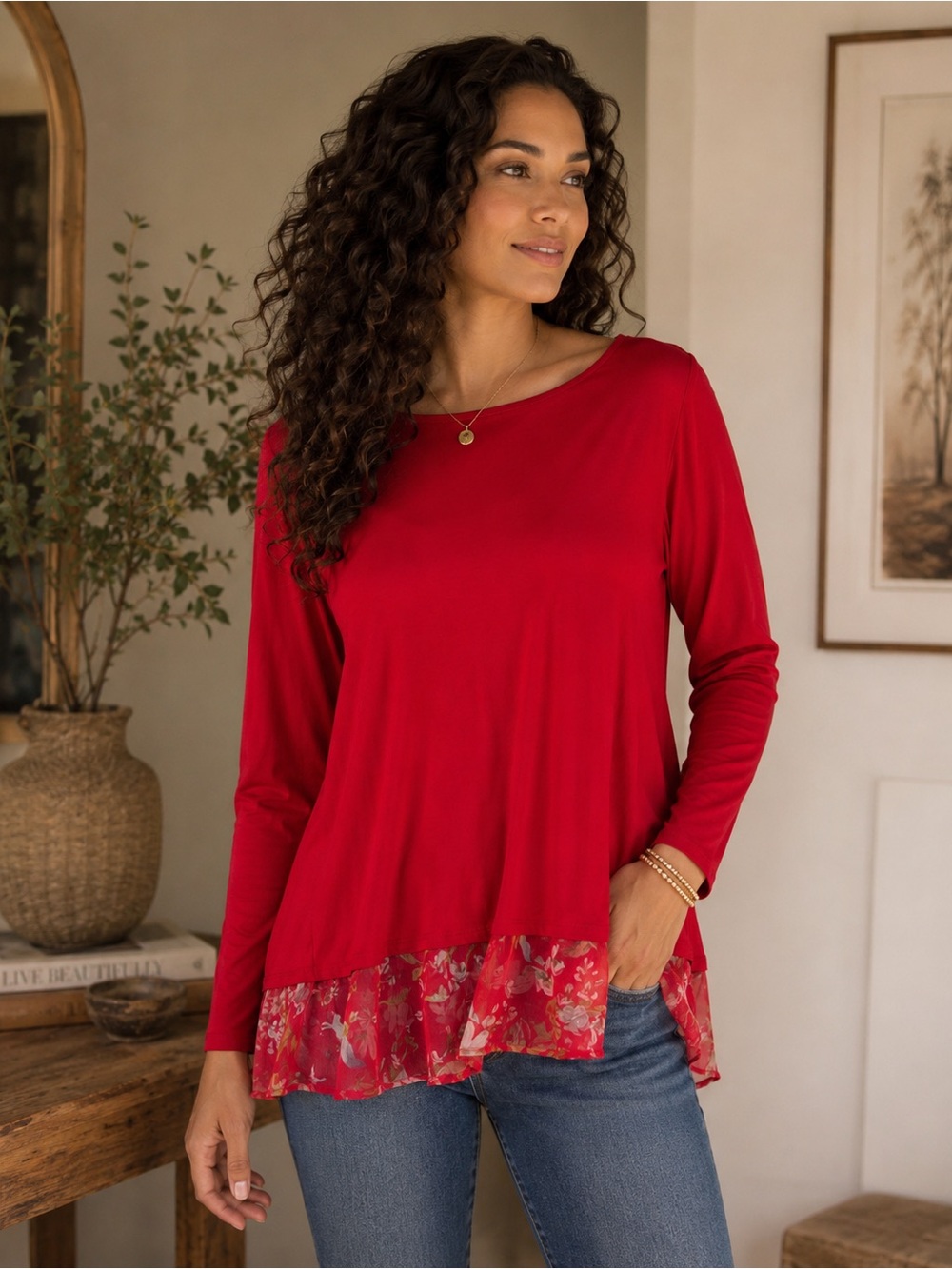 VINCE CAMUTO Red Layered Floral Hem Tunic Top 3/4 Sleeve XL